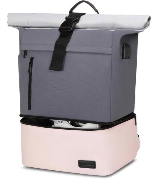 Rolltop Rugzak voor dames, met schoenenvak, waterdichte laptoprugzak, 17 inch, reisrugzak, grote schooltas, trekkingrugzak, sportrugzak voor reizen (grijs-roze, M)