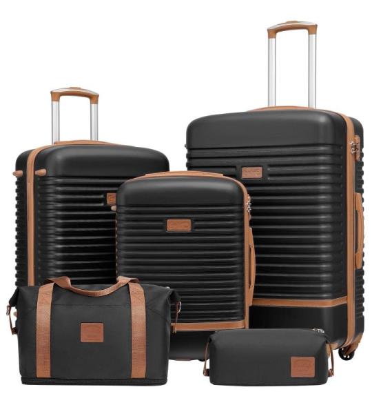 COOLIFE Koffer trolley koffer reiskoffer van ABS harde schaal trolley 4 wielen TSA-slot De koffer bevat 1 reistas en 1 toilettas, zwart/bruin, koffer