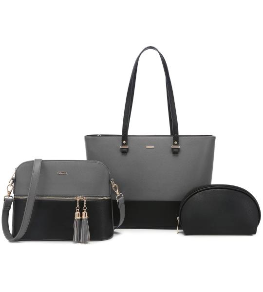 Handtas Dames Shopper Schoudertas Dames Handbags Set Women Grote Damestas Handtassen 3-Delige Set, Grijs Zwart