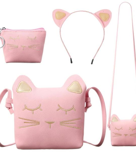 Weewooday 3 stuks kattenschoudertas, portemonnee, hoofdband voor meisjes, schattige handtassen voor meisjes, katten, handtas met mini-muntzakje en kattenhoofdband