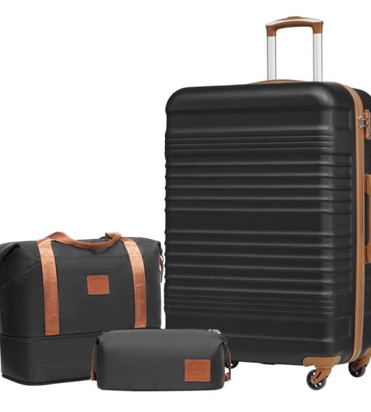 COOLIFE Kofferset, trolley, koffer, ABS, harde schaal, reiskoffer, 4 wielen, TSA-slot, intrekbare trolley, de koffer bevat 1 reistas en 1 toilettas, zwart/bruin, Harde trolley koff