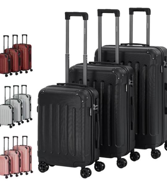 Arebos 3-delige hardcase-kofferset, ABS-harde schaal, trolley, kofferset, reiskoffer met telescoopgreep, inclusief ritssluitingsslot, 360° wielen, reiskofferset M-L-XL, zwart