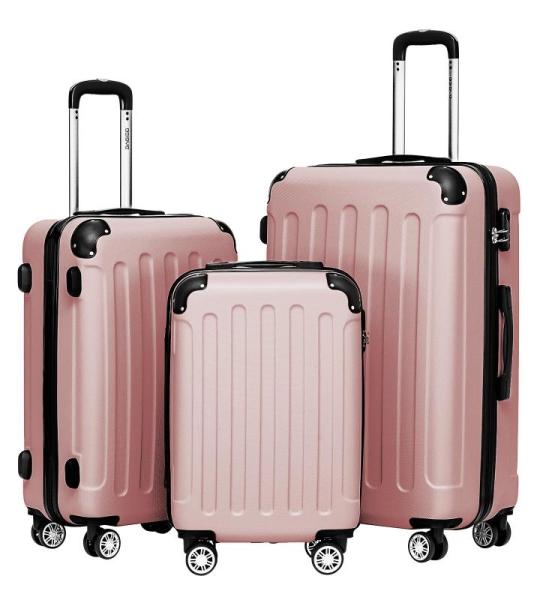 BEIBYE Koffer met harde schaal, trolley, rolkoffer, reiskoffer, veiligheid, cijferslot, dubbele wielen, ABS-materiaal, handbagage, 4 wielen, M-L-XL-set, roze goud