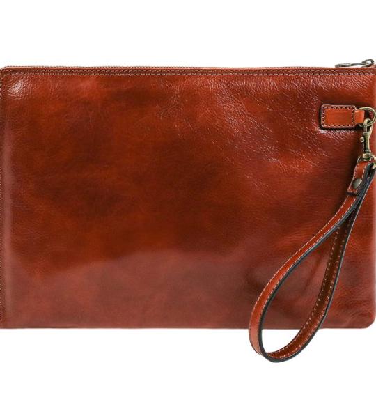 Groot Leren Herenhandtas Clutch tas Heren Polstas Handgemaakt Italiaanse Volnerfleer, Cognacbruin