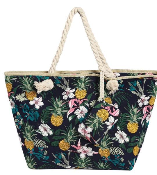 Grote strandtas waterafstotend met rits 58 x 38 x 18 cm bloemen en ananas