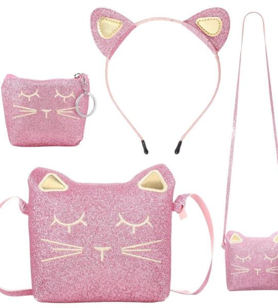 Weewooday 3 stuks kattenschoudertas, portemonnee, hoofdband voor meisjes, schattige handtassen voor meisjes, katten, handtas met mini-muntzakje en kattenhoofdband