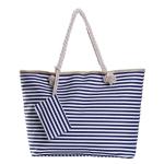 Grote waterafstotende strandtas met rits 58 x 38 x 18 cm gestreept donkerblauw wit shopper schoudertas