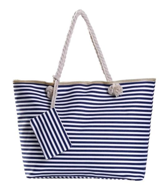 Grote waterafstotende strandtas met rits 58 x 38 x 18 cm gestreept donkerblauw wit shopper schoudertas
