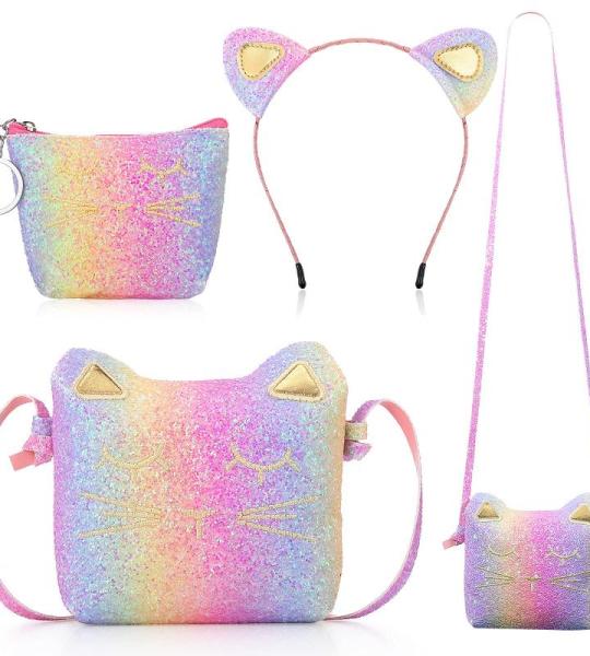 Weewooday 3 stuks kattenschoudertas, portemonnee, hoofdband voor meisjes, schattige handtassen voor meisjes, katten, handtas met mini-muntzakje en kattenhoofdband