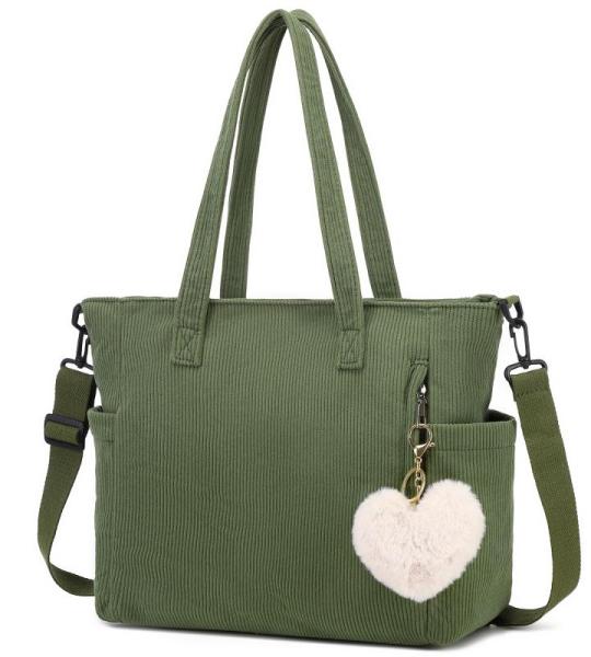 Cord Tote Bag tas dames schoudertas grote shopper tas handtas schoudertas voor werk kantoor reizen winkelen school, groen, Large, Schoudertas