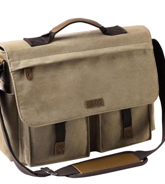 VASCHY Schoudertassen voor dames en heren, vintage, waterafstotend, gewaxt canvas, voor 14, 15,6, 17 inch, laptop, aktetas, schoudertas, laptoptas met gevoerde schouderriem