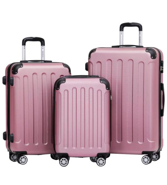 BEIBYE Koffer met harde schaal, trolley, rolkoffer, reiskoffer, veiligheid, cijferslot, dubbele wielen, ABS-materiaal, handbagage, 4 wielen, M-L-XL-set, roze