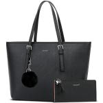 Handtas voor dames, set met zwarte tas met portemonnee voor kantoor, school, winkelen, handtas dames, groot, met kwastjes, dames en bont, bal, pluche sleutelring, zwart