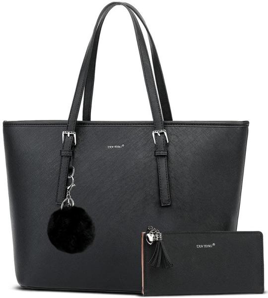 Handtas voor dames, set met zwarte tas met portemonnee voor kantoor, school, winkelen, handtas dames, groot, met kwastjes, dames en bont, bal, pluche sleutelring, zwart