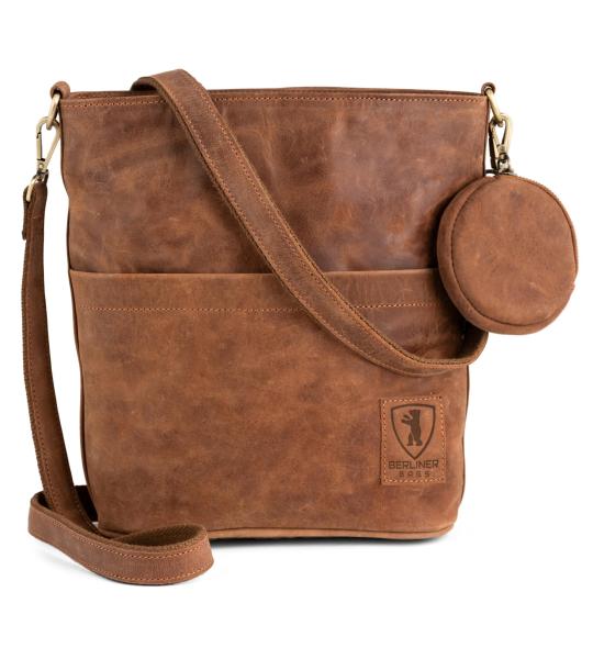 Vintage schoudertas Sofia, schoudertas van leer met 2 riemen, handtas voor dames, camel