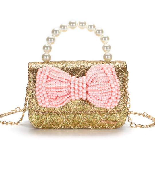 LIGUL Kinder-Schultertasche für kleine Mädchen, niedliche Schleife, Prinzessinnen-Umhängetasche, Baby-Geldbörsen, Mini-Perlen-Handtasche, 2–5 Jahre alt (goldfarben)