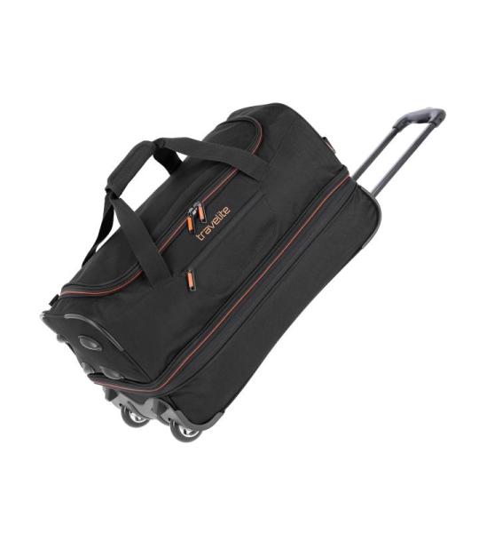 Travelite Basics Rolkoffer met 2 wielen, maat S met stretchplooi, zachte reistas met wielen met extra veel volume, zwart/blauw, 55 cm