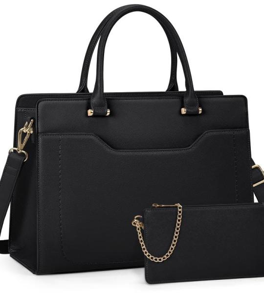 Shopper Grote laptophandtas voor dames, 15,6 inch, PU-leer, werktas, lerarentas, waterdicht, laptoptas met portemonnee voor business, kantoor, school, zwart, Satchel