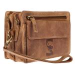 Heren echt lederen polstas herenhandtas documententas tas dubbele kamer, tan, 21 x 13 x 7 cm