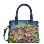 Anna by Anuschka Schooltas voor dames, handtas van echt leer, handbeschilderd, klein, drie katjes, blauw