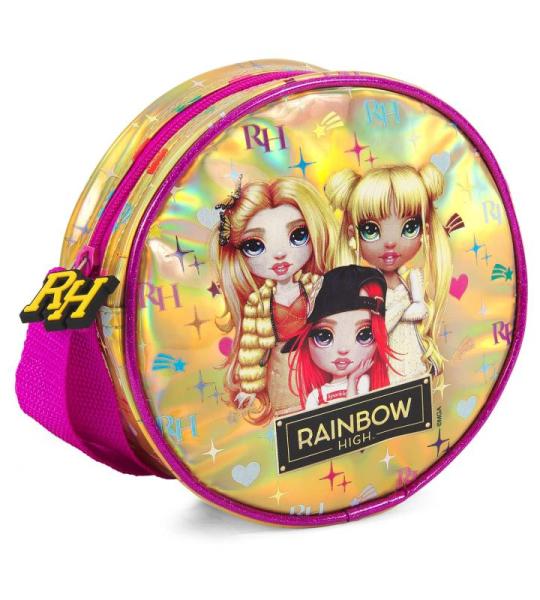 Rainbow High Handtas Meisje met Regenboog Poppen - Gouden Schoudertas Kind met Paarse Details - Stijlvolle Ronde Tas Kinderen Kleuterschool met Glitter Holografische Achtergrond - 