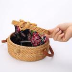 Witte ronde rotan tas schouder lederen riemen | rieten handgeweven strandtassen voor vrouwen | Strotas Boho Cirkel Crossbody Schoudertas In Zomervakantie Met Bloempatroon, Bruin, E