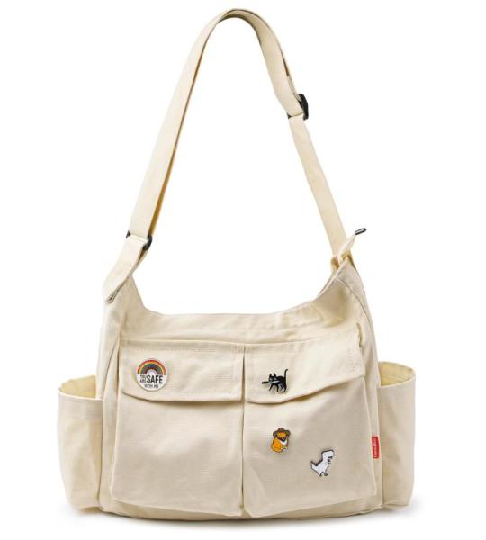 Canvas Messenger Bag met meerdere zakken, grote hobo crossbody tas voor dames en heren, beige