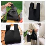 Vrouwen Handvat Tassen Polsbandjes Effen Kleur Gift Bag Cross-Body Gebreide Mouw Knoop Tas Kleine Leuke Draagbare Portemonnee Opvouwbare Tote, Zwart, Effen zwart