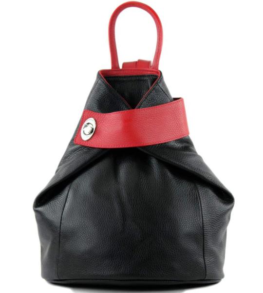 - T179 - ital: dames rugzak tas van leer, zwart/rood, Medium