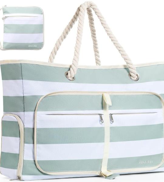 Vinstatin Grote strandtas voor dames, lichte veelzijdige shopper met ritssluiting, waterdichte zwemtas, draagtas, saunatas, tote bag voor strand, reizen, familie, groen en wit gest