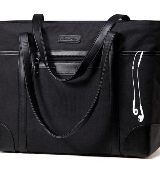 Laptoptas voor dames, ChaseChic waterdichte grote shopper klassieke leraressentas schoudertas voor school, 17,3" werktas met bagageriem zwart