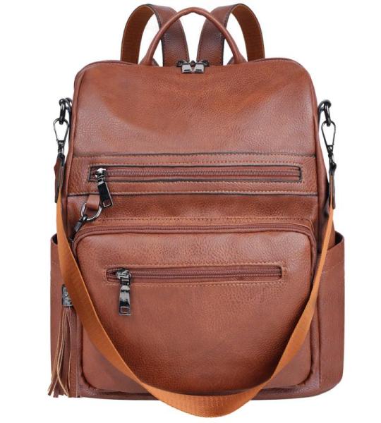 Vrouwen PU Lederen Rugzak Waterdichte Casual laptop tas School Schoudertas voor Dames, Bruin, L
