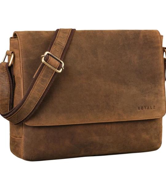 Moderne leren tas heren schoudertas dames groot leer smal 'San Diego' - als laptoptas 14-15 inch voor universiteit en werk business aktetas, Nevada Bruin, Medium