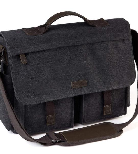 VASCHY Schoudertassen voor dames en heren, vintage, waterafstotend, gewaxt canvas, voor 14, 15,6, 17 inch, laptop, aktetas, schoudertas, laptoptas met gevoerde schouderriem