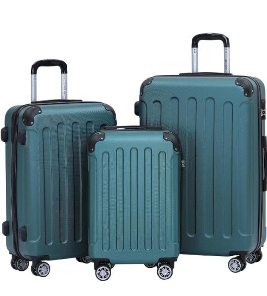 BEIBYE Koffer met harde schaal, trolley, rolkoffer, reiskoffer, veiligheid, cijferslot, dubbele wielen, ABS-materiaal, handbagage, 4 wielen, M-L-XL-set, donkergroen