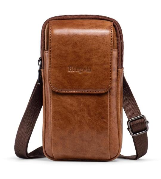 hengwin Multifunctionele echt lederen tas met dubbele ritssluiting, vintage look, schoudertas, mobiele telefoon, riemtas, telefoonholster voor reizen, outdoor-activiteiten