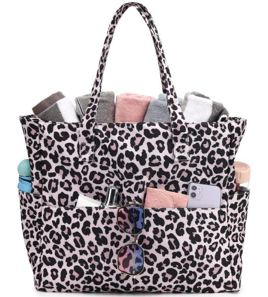 Grote strandtas voor dames, schoudertas, handtas, waterdicht, zanddicht met ritssluiting, voor zwembad, fitnessstudio, reizen, met zak voor natte spullen., luipaard