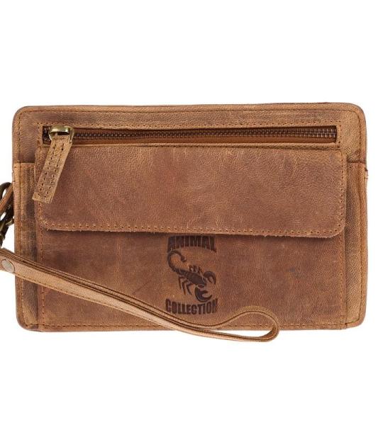 Heren echt lederen polstas herenhandtas documententas tas dubbele kamer, tan, 21 x 13 x 7 cm