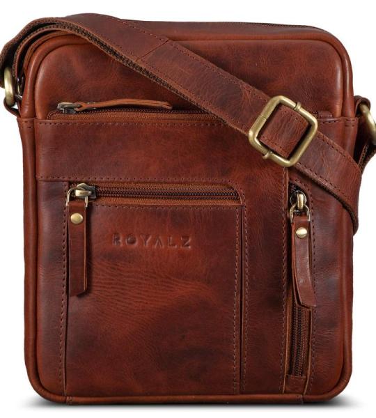'Dallas' Kleine Leren Schoudertas Heren Boodschappentas Crossbody Messenger Bag Vintage, Kleur:Roma Cognac Bruin