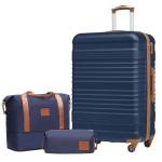 COOLIFE Kofferset, trolley, koffer, ABS, harde schaal, reiskoffer, 4 wielen, TSA-slot, intrekbare trolley, de koffer bevat 1 reistas en 1 toilettas, blauw/bruin, Harde trolley koff