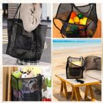 Mesh strandtas voor dames, grote strandtas, 30 l, vrouwen, nettas, strand, badtas, mand, opvouwbaar, lichte strandshopper voor familie, vakantie, draagtas, zwart