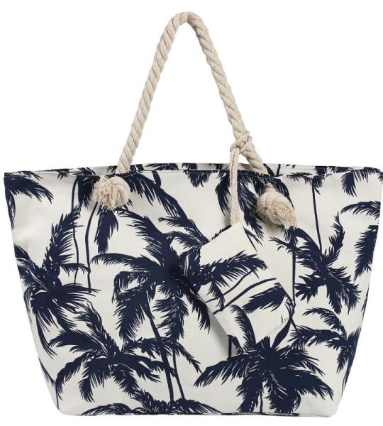 Grote strandtas waterafstotend met rits 58 x 38 x 18 cm palmbomen wit