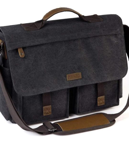 VASCHY Schoudertassen voor dames en heren, vintage, waterafstotend, gewaxt canvas, voor 14, 15,6, 17 inch, laptop, aktetas, schoudertas, laptoptas met gevoerde schouderriem