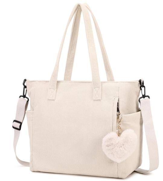 Cord Tote Bag tas dames schoudertas grote shopper tas handtas schoudertas voor werk kantoor reizen winkelen school, beige, Large, Schoudertas