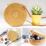 Witte ronde rotan tas schouder lederen riemen | rieten handgeweven strandtassen voor vrouwen | Strotas Boho Cirkel Crossbody Schoudertas In Zomervakantie Met Bloempatroon, Bruin, E