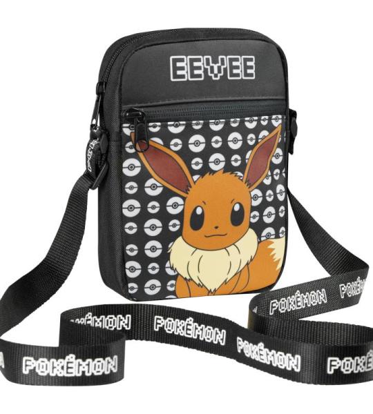 Schoudertas Cross-Body Bag voor Kinderen - Verstelbare Riem Kids Pikachu Kleine Reistas - Gamer Gifts, Zwarte Eevee, One Size