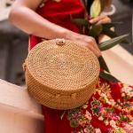 Witte ronde rotan tas schouder lederen riemen | rieten handgeweven strandtassen voor vrouwen | Strotas Boho Cirkel Crossbody Schoudertas In Zomervakantie Met Bloempatroon, Bruin, E