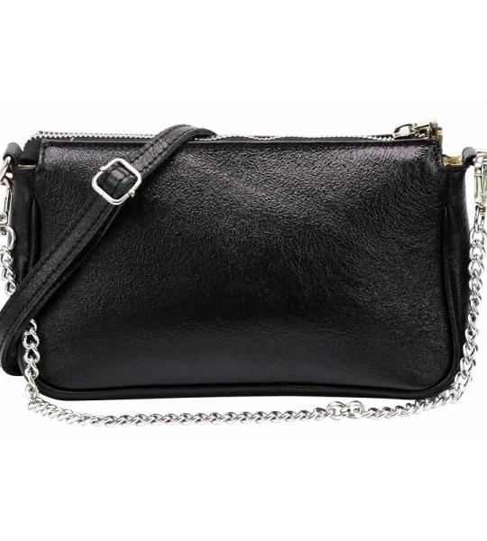 Echt lederen schoudertas schoudertas handtassen clutch kleine tas avondtas 23x13cm Jennie G323, zwart metallic, Small