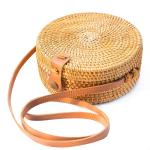 Witte ronde rotan tas schouder lederen riemen | rieten handgeweven strandtassen voor vrouwen | Strotas Boho Cirkel Crossbody Schoudertas In Zomervakantie Met Bloempatroon, Bruin, E