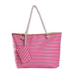 Grote waterafstotende strandtas met rits 58 x 38 x 18 cm gestreept bes wit shopper schoudertas